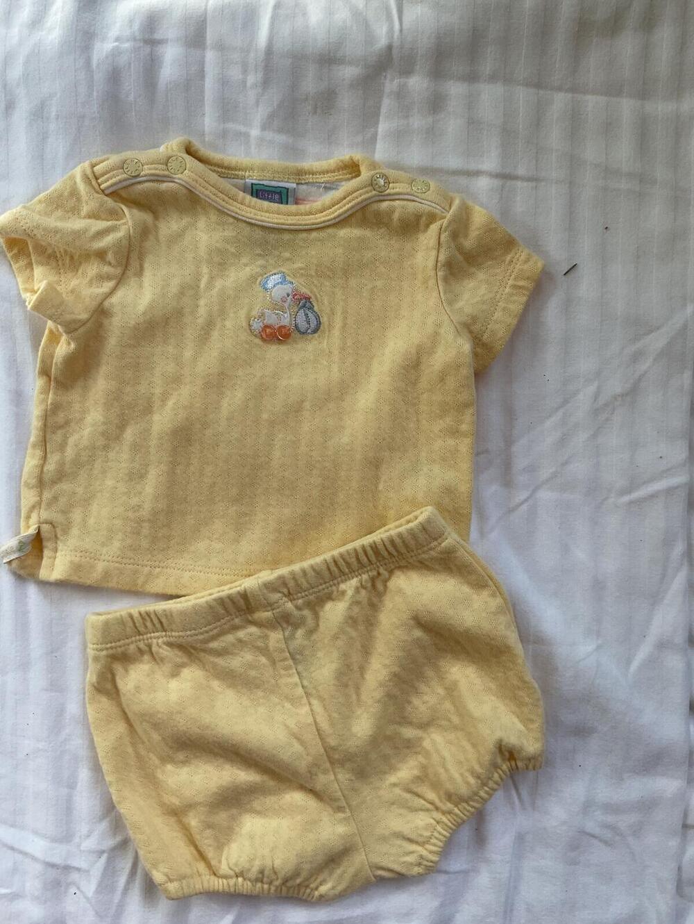 Vintage 80s Little Me Yellow 2pc Set Bloomer Top Duck Embroidery Newborn